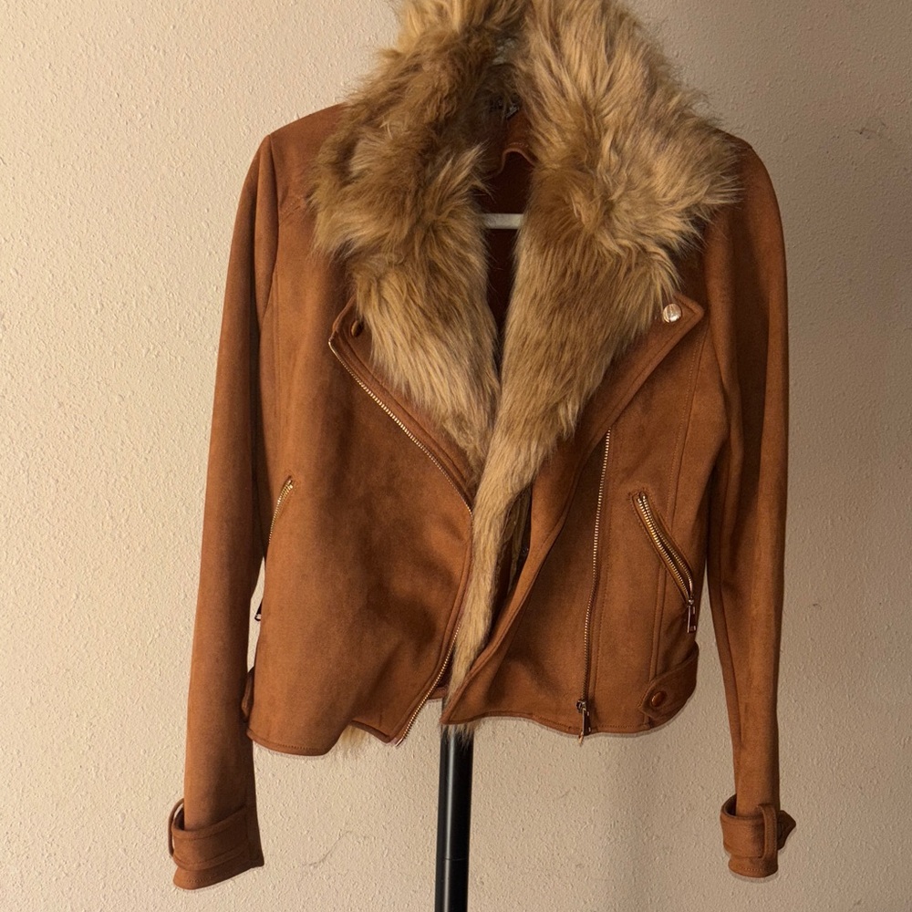 Women's Faux Fur Collar Brown Jacket
